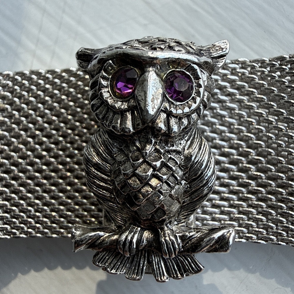 Vintage Sarah Coventry OWL Mesh Cuff Nocturne Bracelet Silver-tone Adjustable